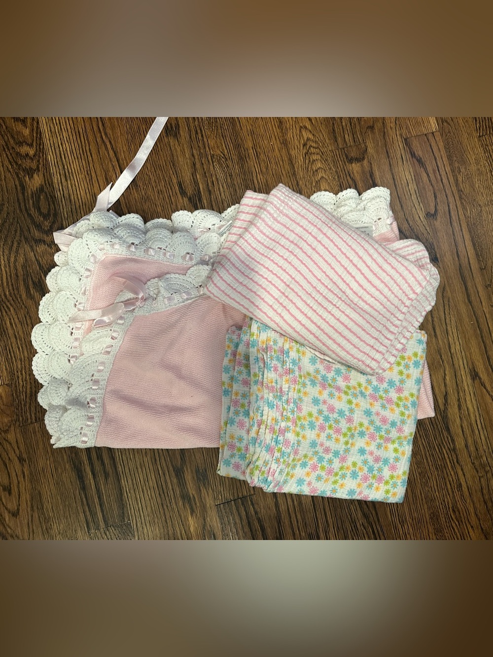 2 aden + anais Muslin Swaddles and soft, knit lace-trim baby blanket